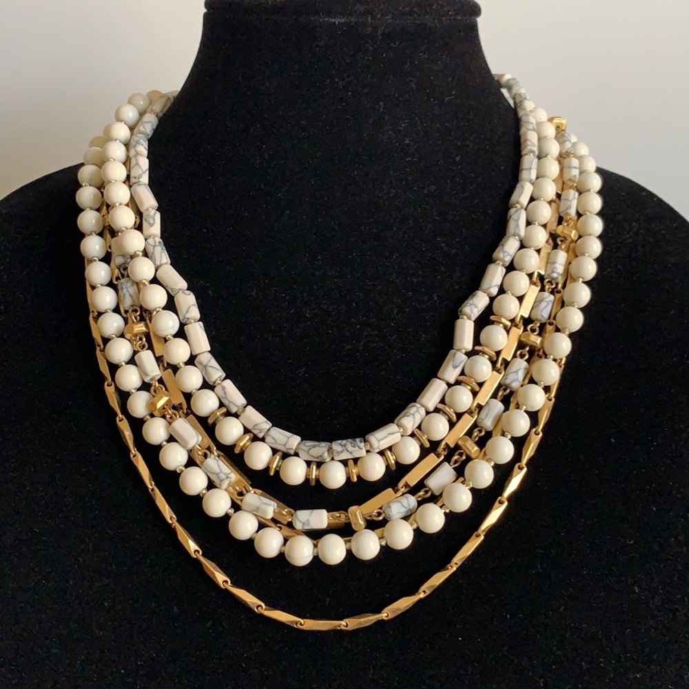 Stella&Dot Layered Necklace.  Mixed metal. Length 18”. Beige, gray, gold colors.